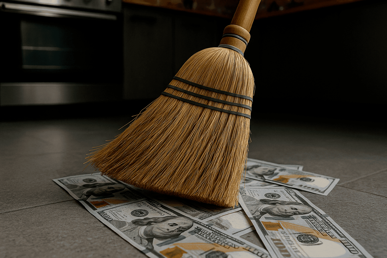 Spring cleaning broom sweeping up one hundred dollar bills